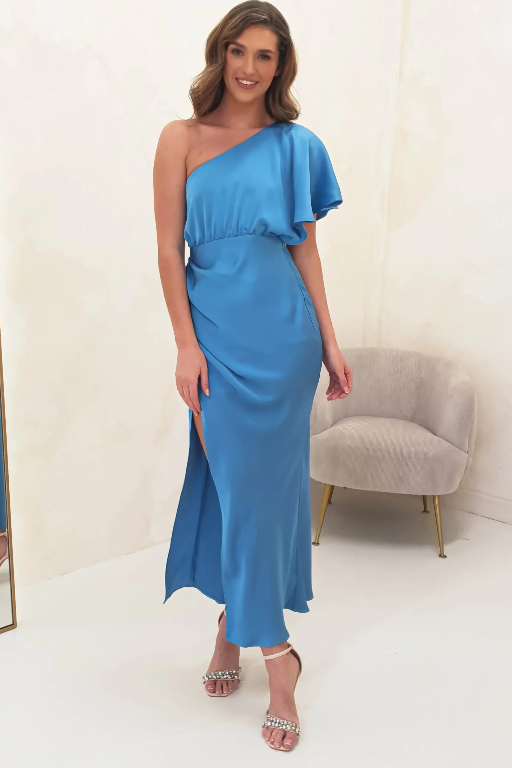 Sale Jenna Soft Satin One Shoulder Maxi | Blue Lange Kleider|Maxikleider