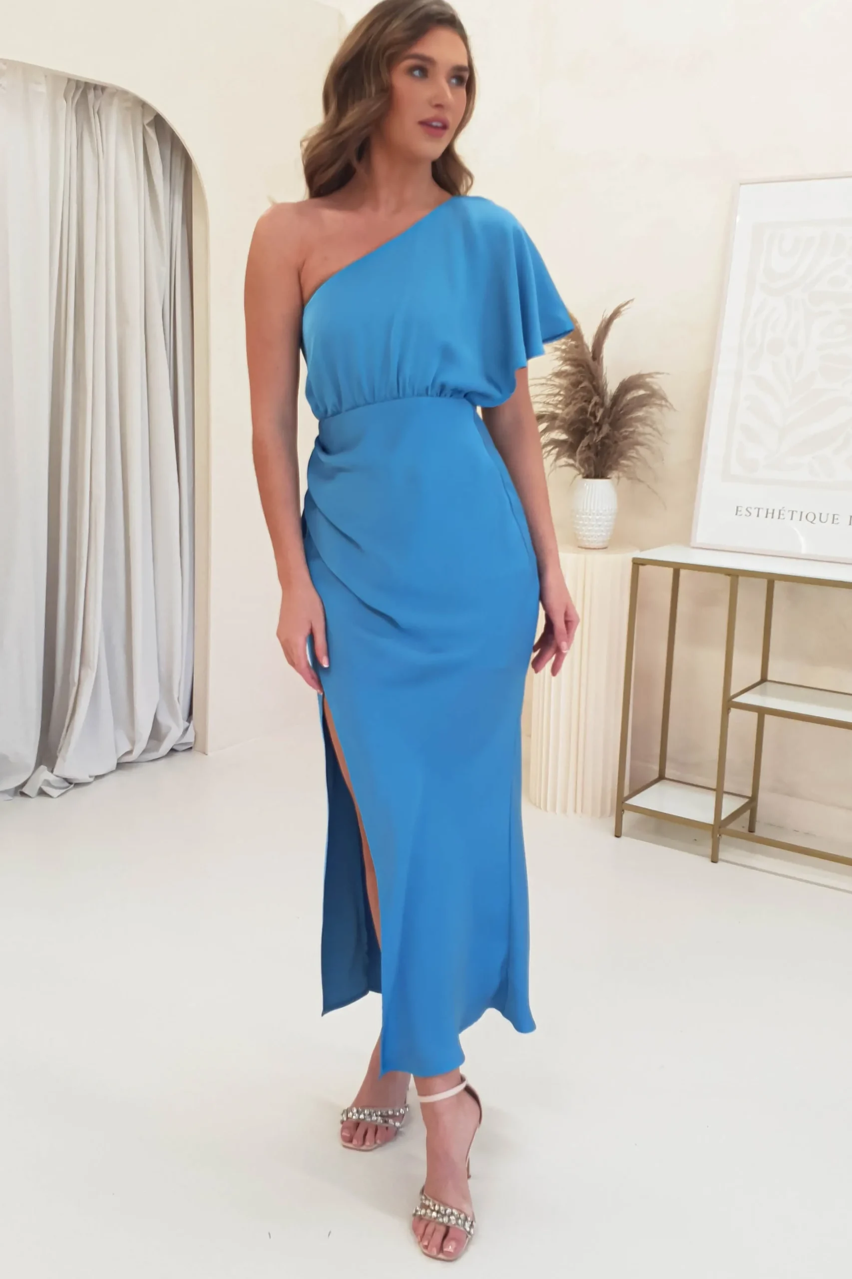 Sale Jenna Soft Satin One Shoulder Maxi | Blue Lange Kleider|Maxikleider