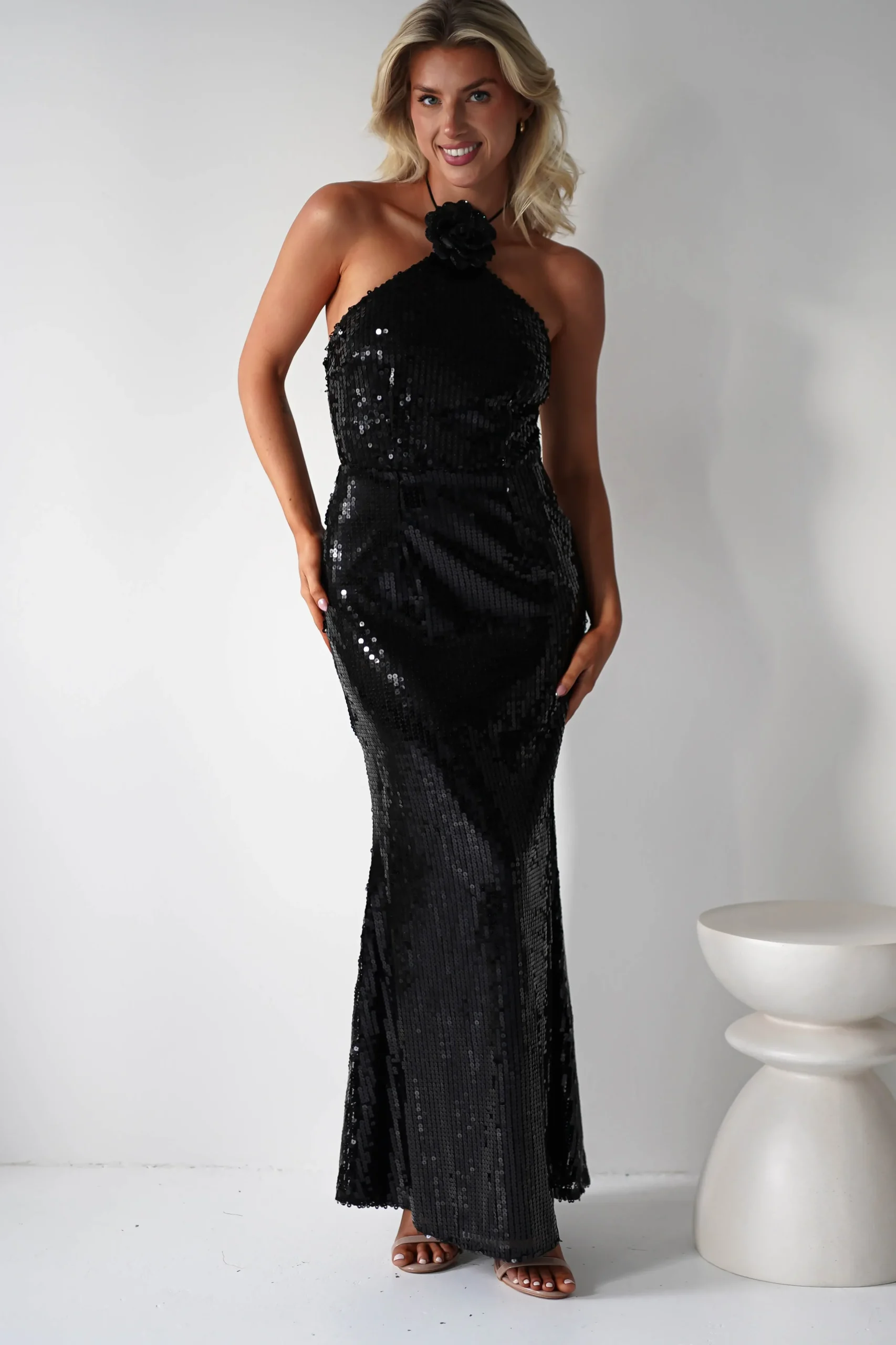 Hot Jonna Halter Neck Sequin Maxi Dress | Black Kleider Für Besondere Anlässe|Sommerkleider