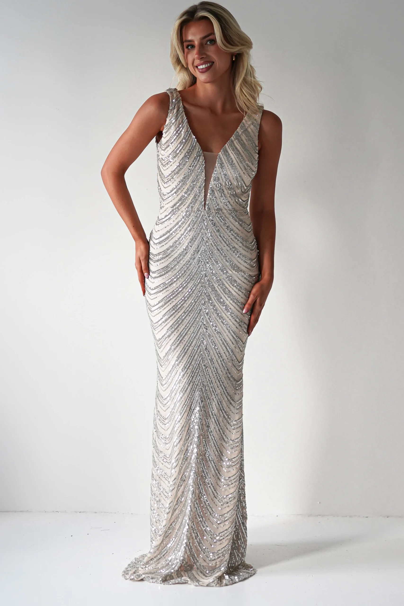 Clearance Julietta Sequin Bodycon Maxi Dress | Silver/Nude Lange Kleider|Maxikleider