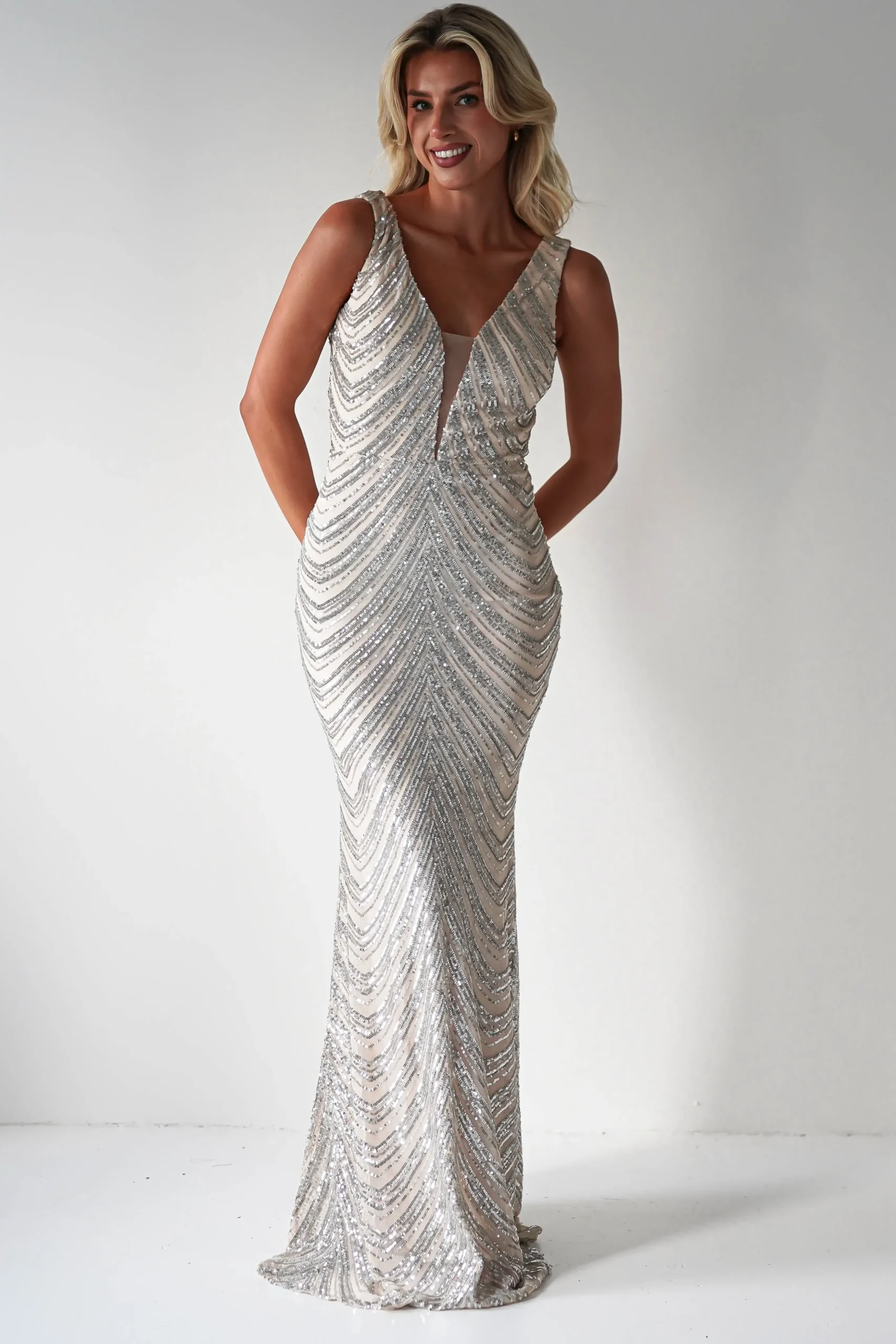 Clearance Julietta Sequin Bodycon Maxi Dress | Silver/Nude Lange Kleider|Maxikleider