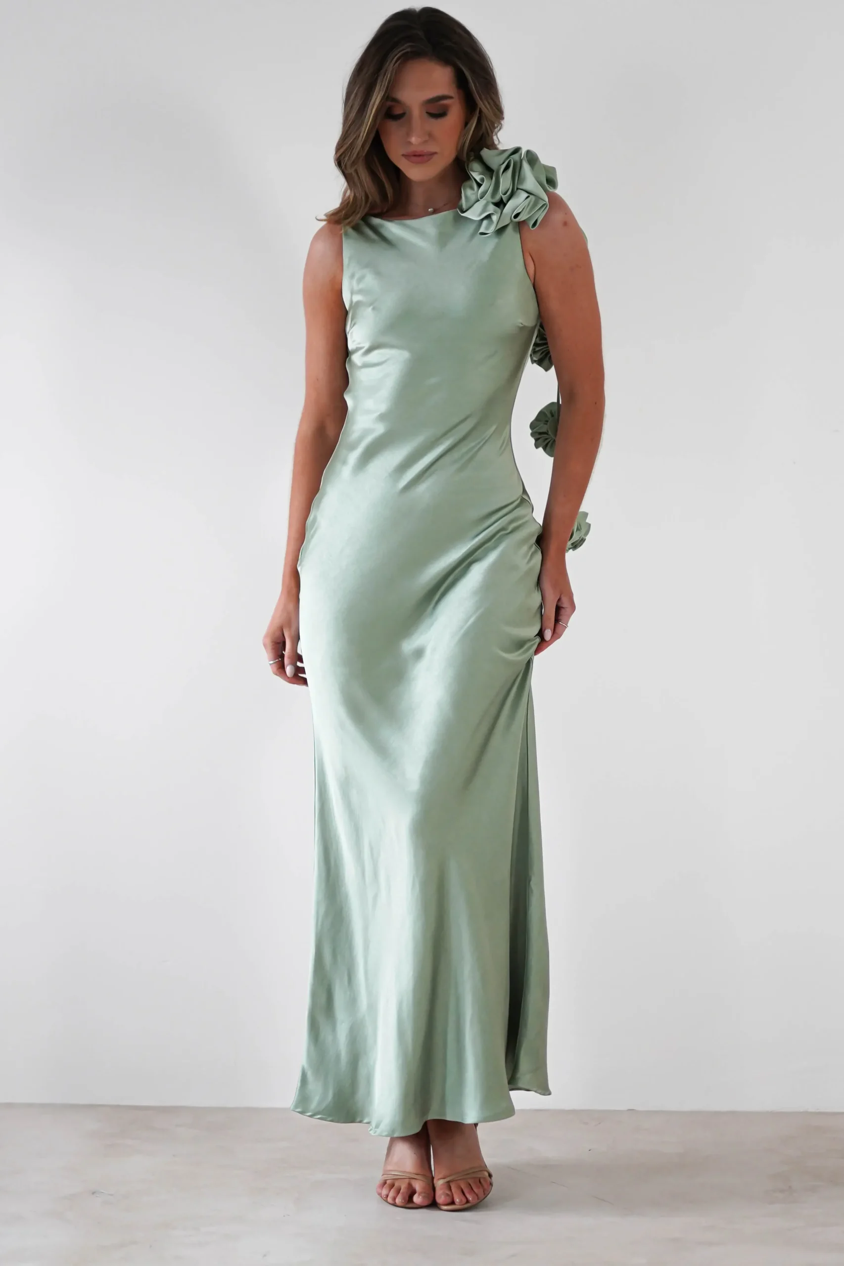 Best Karley Soft Satin Maxi Dress | Sage Green Lange Kleider|Maxikleider