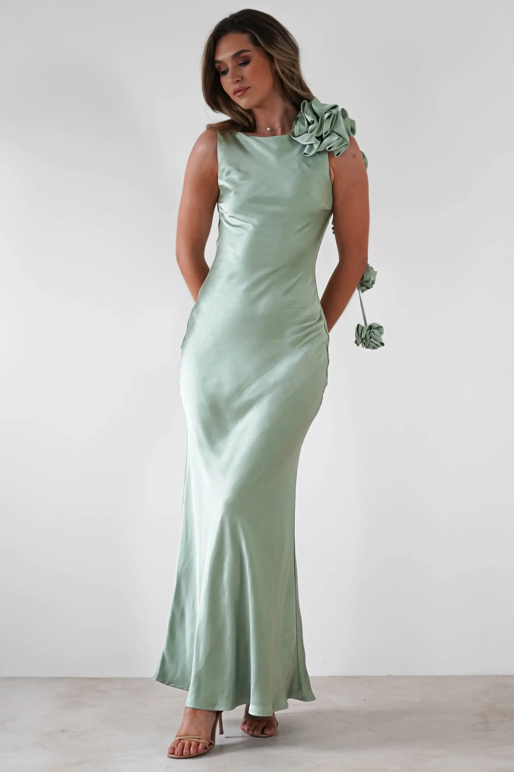 Best Karley Soft Satin Maxi Dress | Sage Green Lange Kleider|Maxikleider