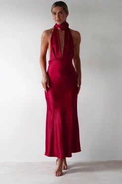Hot Kaylah Soft Satin Maxi Dress | Cherry Red Lange Kleider|Maxikleider