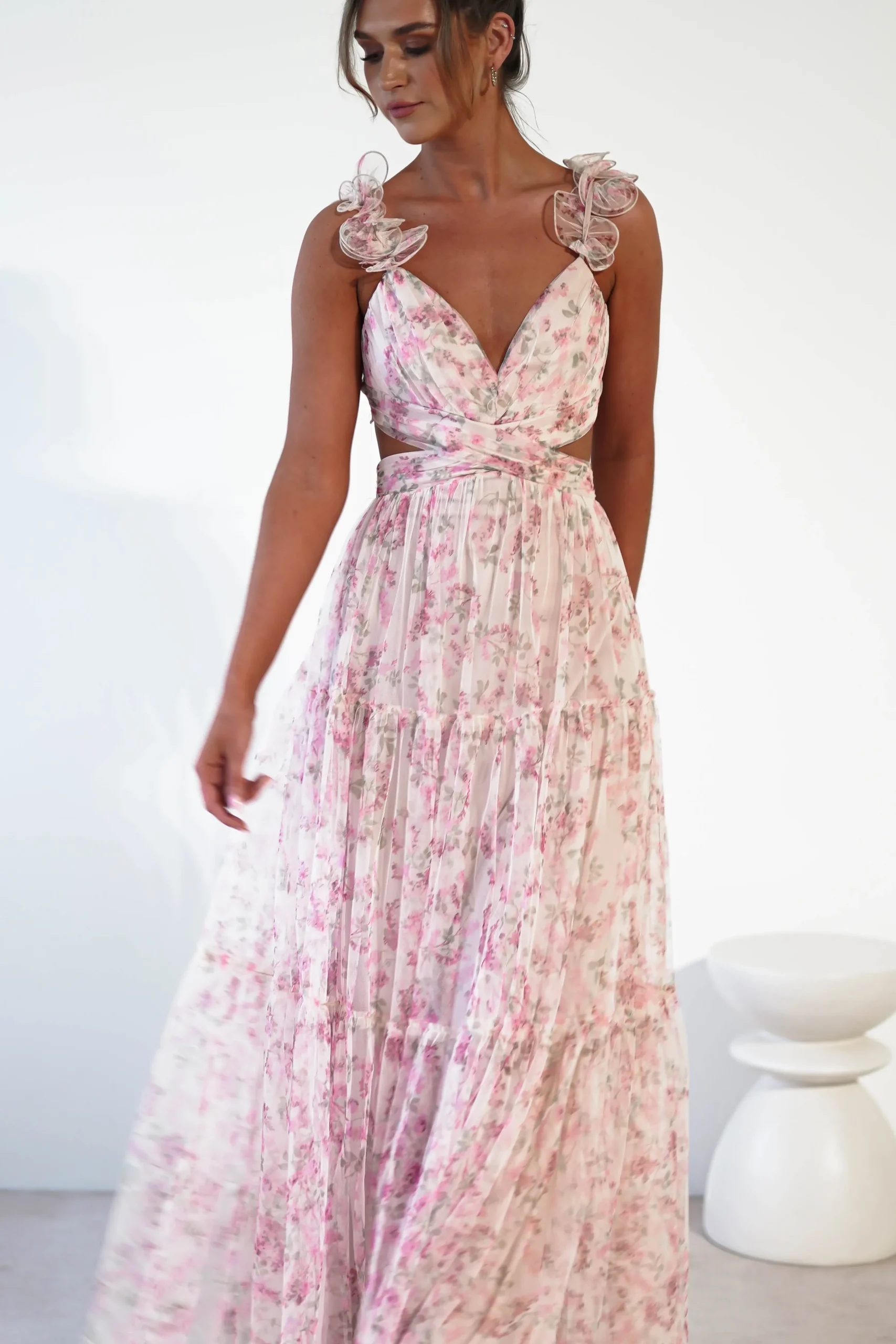 Clearance Khristina Floral Tulle Maxi Dress | Cream Lange Kleider|Maxikleider
