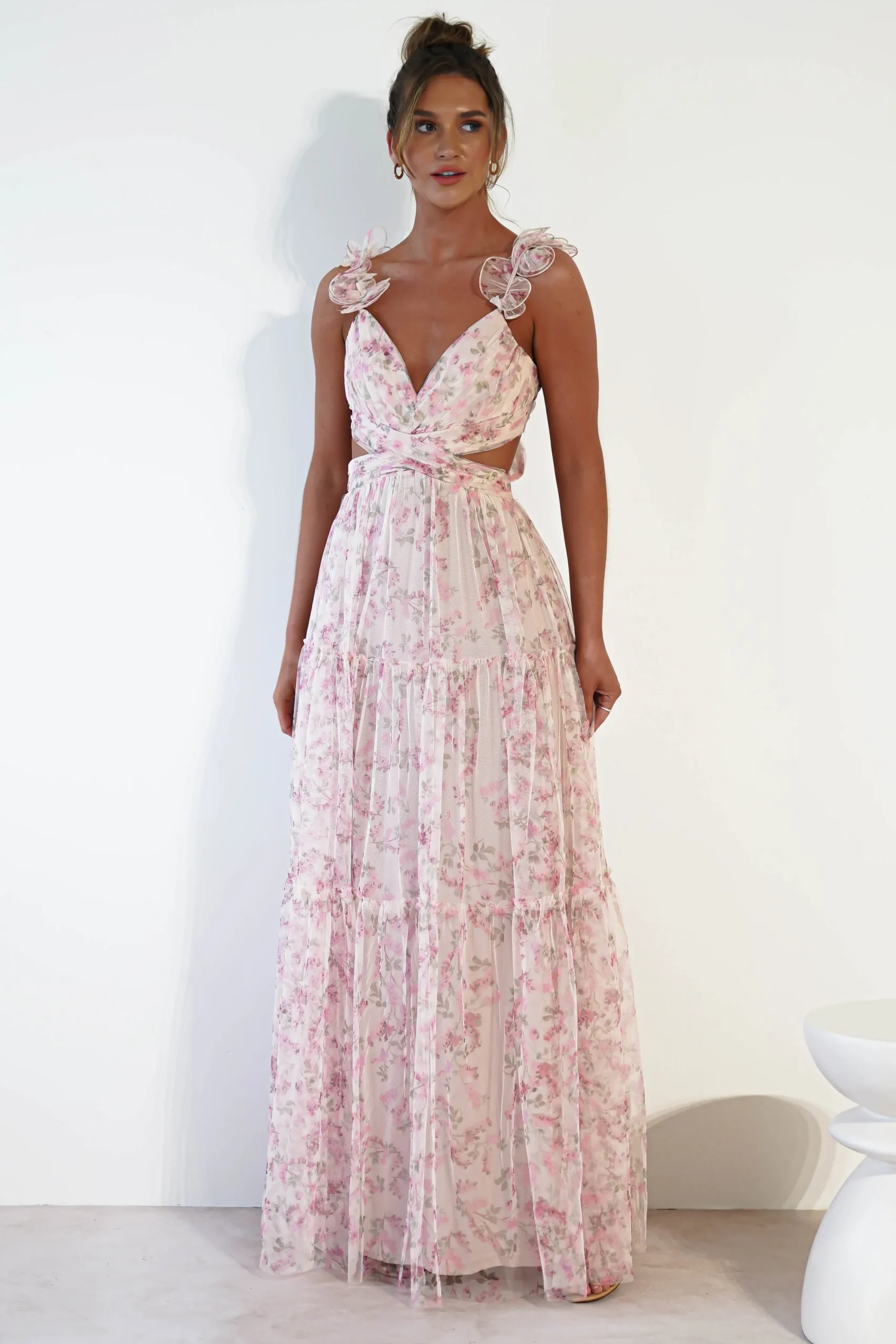 Clearance Khristina Floral Tulle Maxi Dress | Cream Lange Kleider|Maxikleider