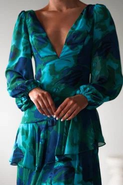 Best Kiyah Long Sleeve Maxi Dress | Green Print Lange Kleider|Maxikleider