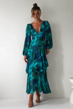 Best Kiyah Long Sleeve Maxi Dress | Green Print Lange Kleider|Maxikleider