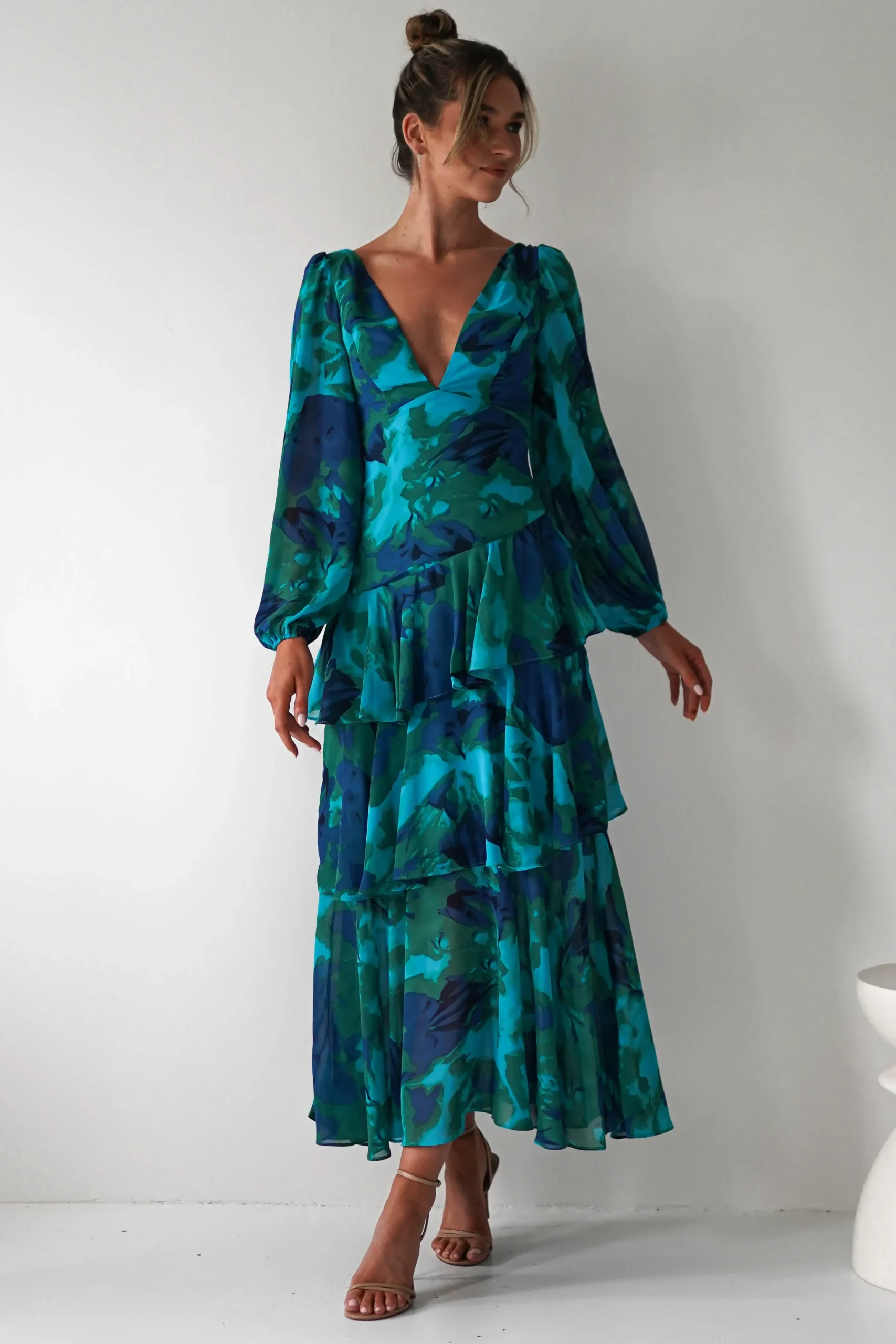Best Kiyah Long Sleeve Maxi Dress | Green Print Lange Kleider|Maxikleider