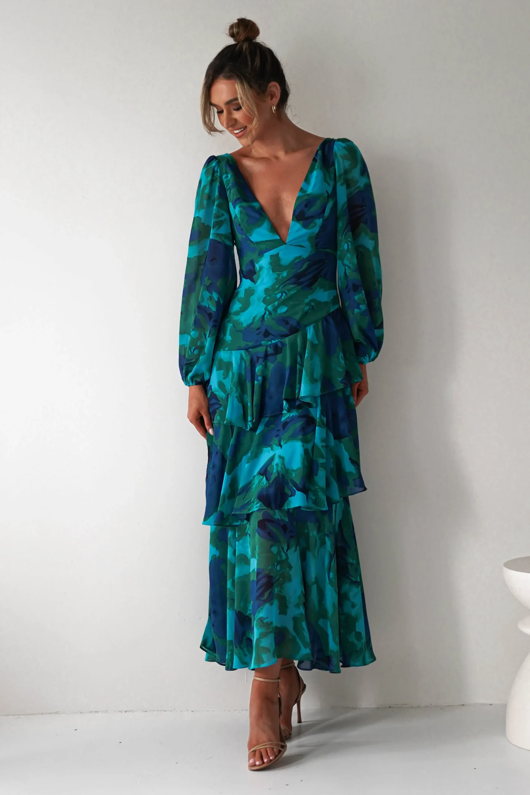 Best Kiyah Long Sleeve Maxi Dress | Green Print Lange Kleider|Maxikleider