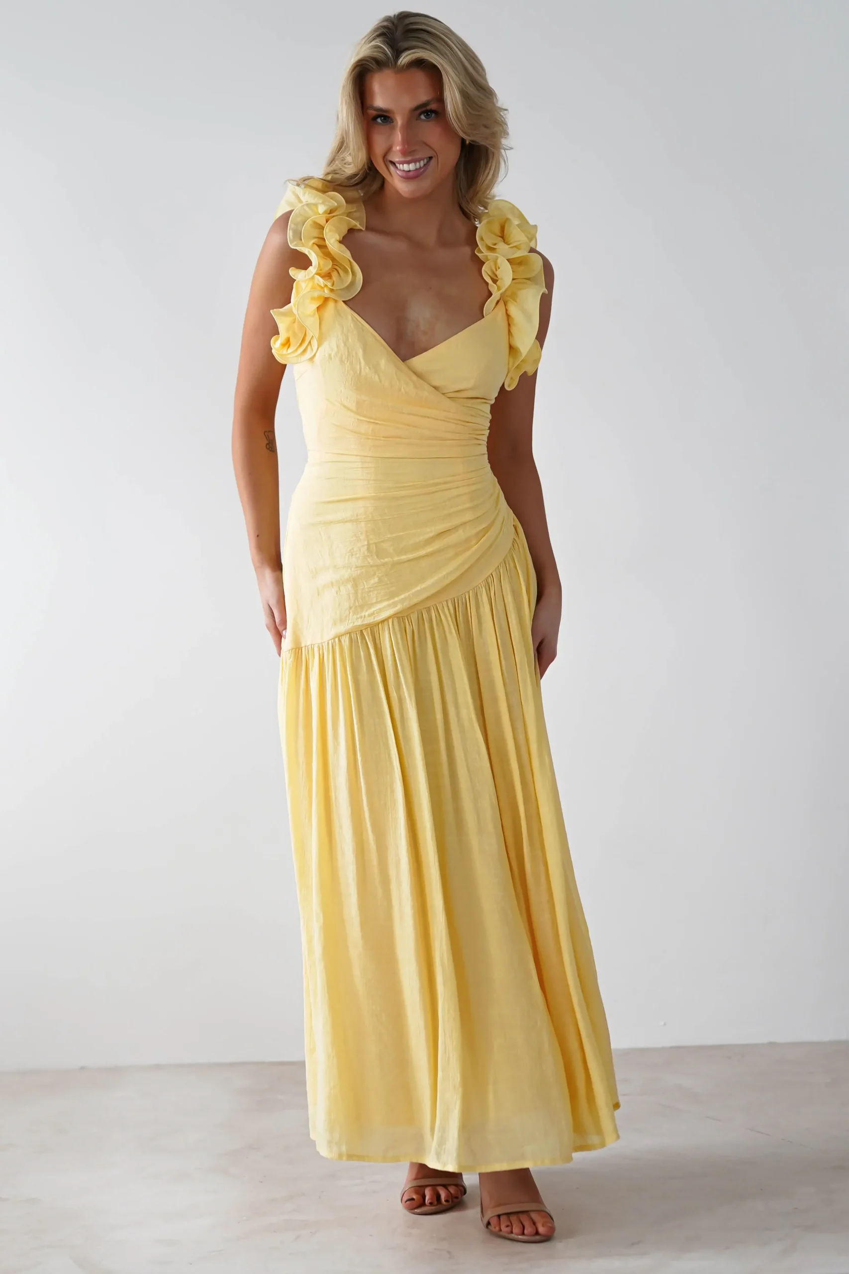 Hot Lara Ruffle Detail Midaxi | Yellow Lange Kleider|Maxikleider