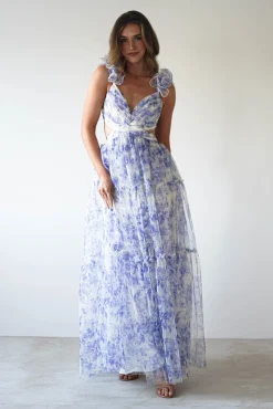 Hot Lauren Floral Tulle Maxi Dress | Blue/White Lange Kleider|Maxikleider