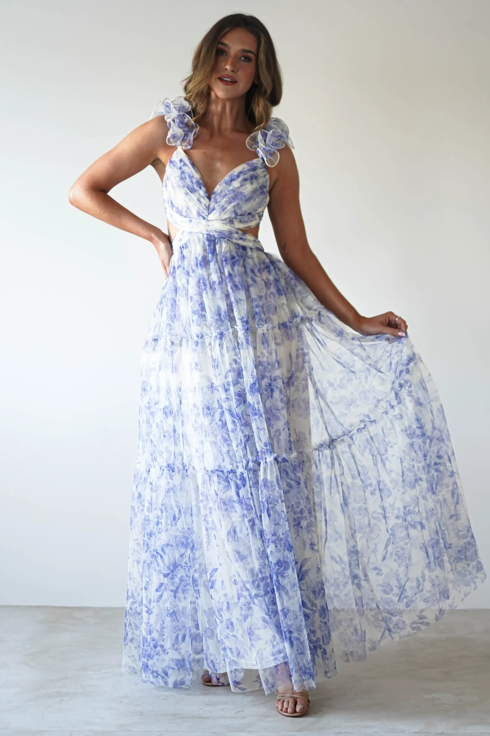 Hot Lauren Floral Tulle Maxi Dress | Blue/White Lange Kleider|Maxikleider