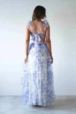 Hot Lauren Floral Tulle Maxi Dress | Blue/White Lange Kleider|Maxikleider