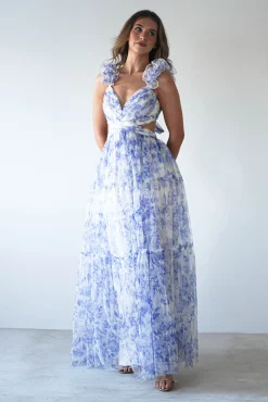 Hot Lauren Floral Tulle Maxi Dress | Blue/White Lange Kleider|Maxikleider