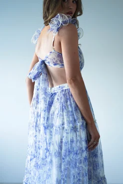 Hot Lauren Floral Tulle Maxi Dress | Blue/White Lange Kleider|Maxikleider