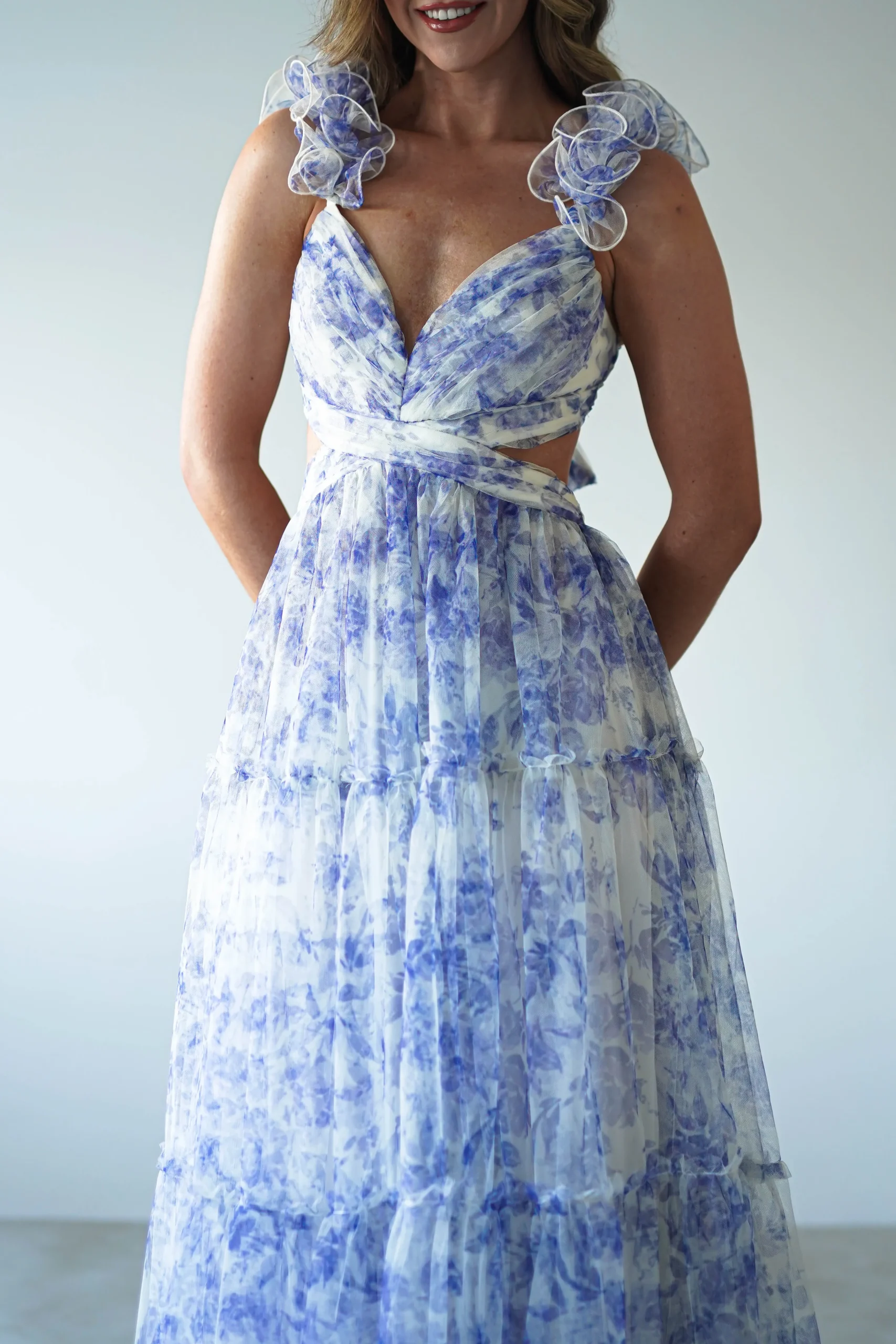 Hot Lauren Floral Tulle Maxi Dress | Blue/White Lange Kleider|Maxikleider