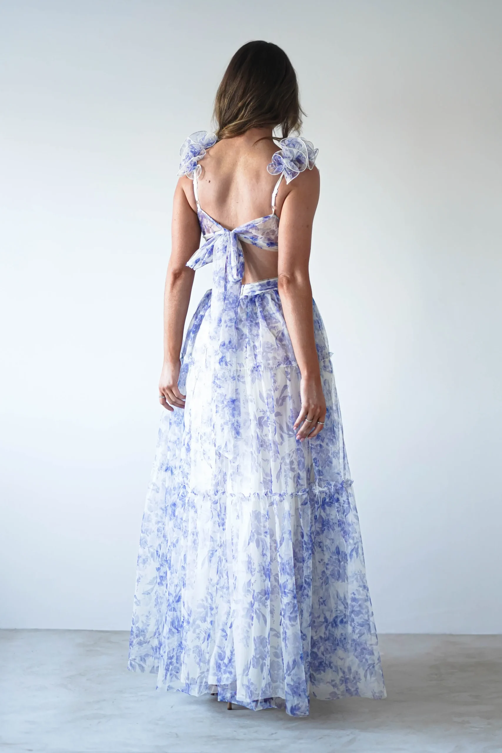 Hot Lauren Floral Tulle Maxi Dress | Blue/White Lange Kleider|Maxikleider