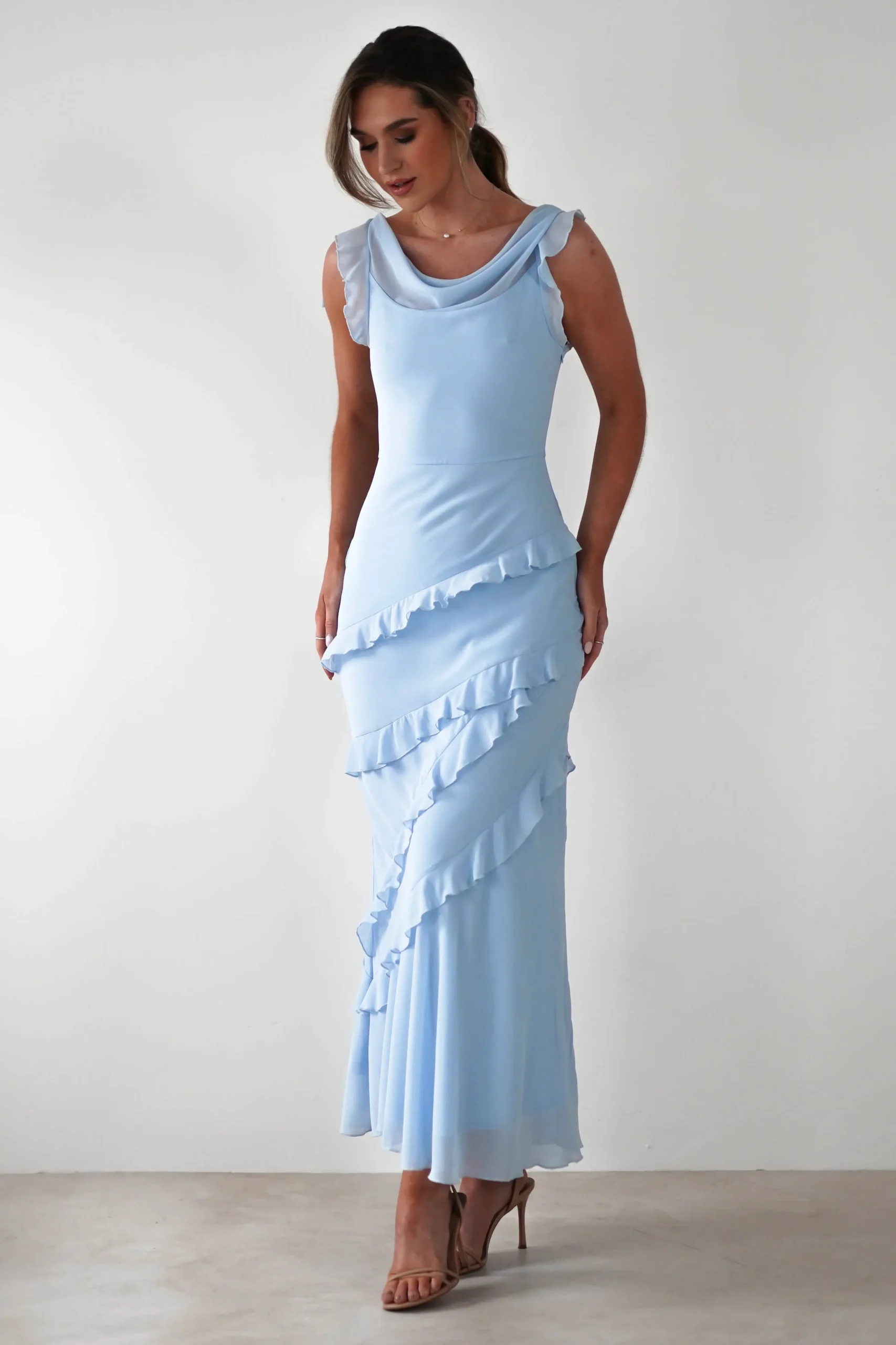 Online Lauretta Ruffle Chiffon Maxi Dress | Blue Lange Kleider|Maxikleider