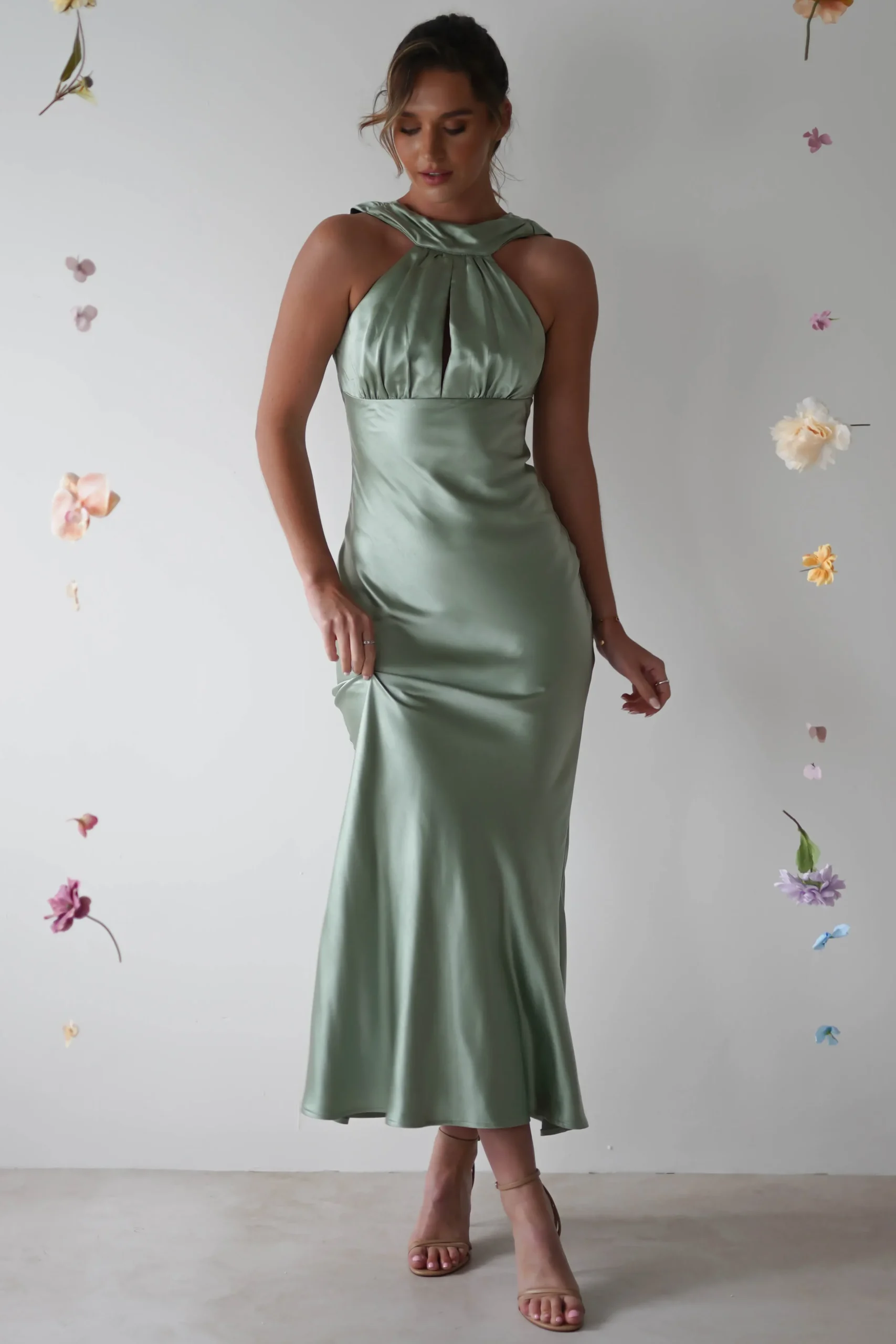 Hot Lauryn Halter Neck Maxi Dress | Sage Mittellange Kleider|Midi-kleider
