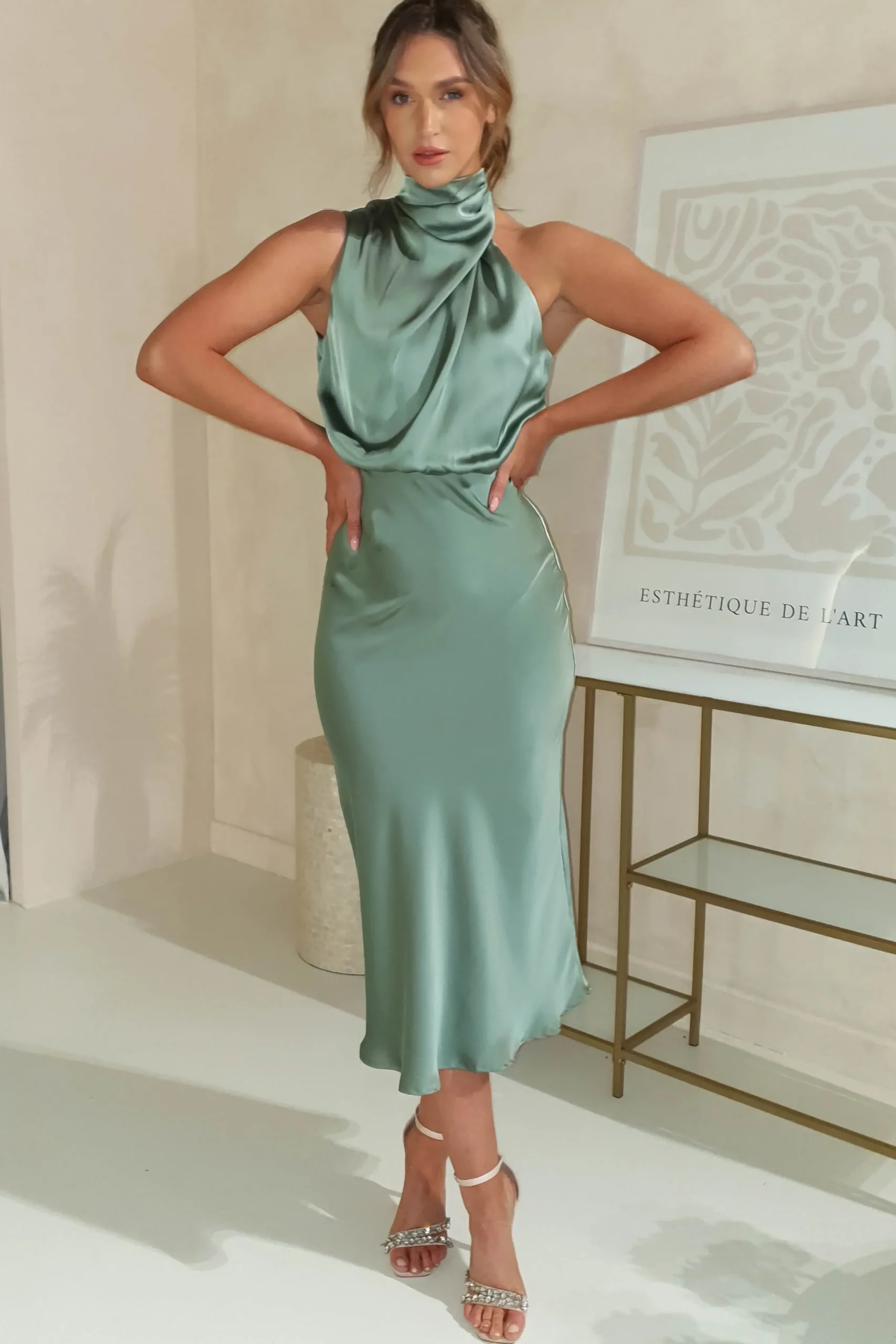 Clearance Layla Satin Print High Neck Midi Dress | Olive Mittellange Kleider|Midi-kleider