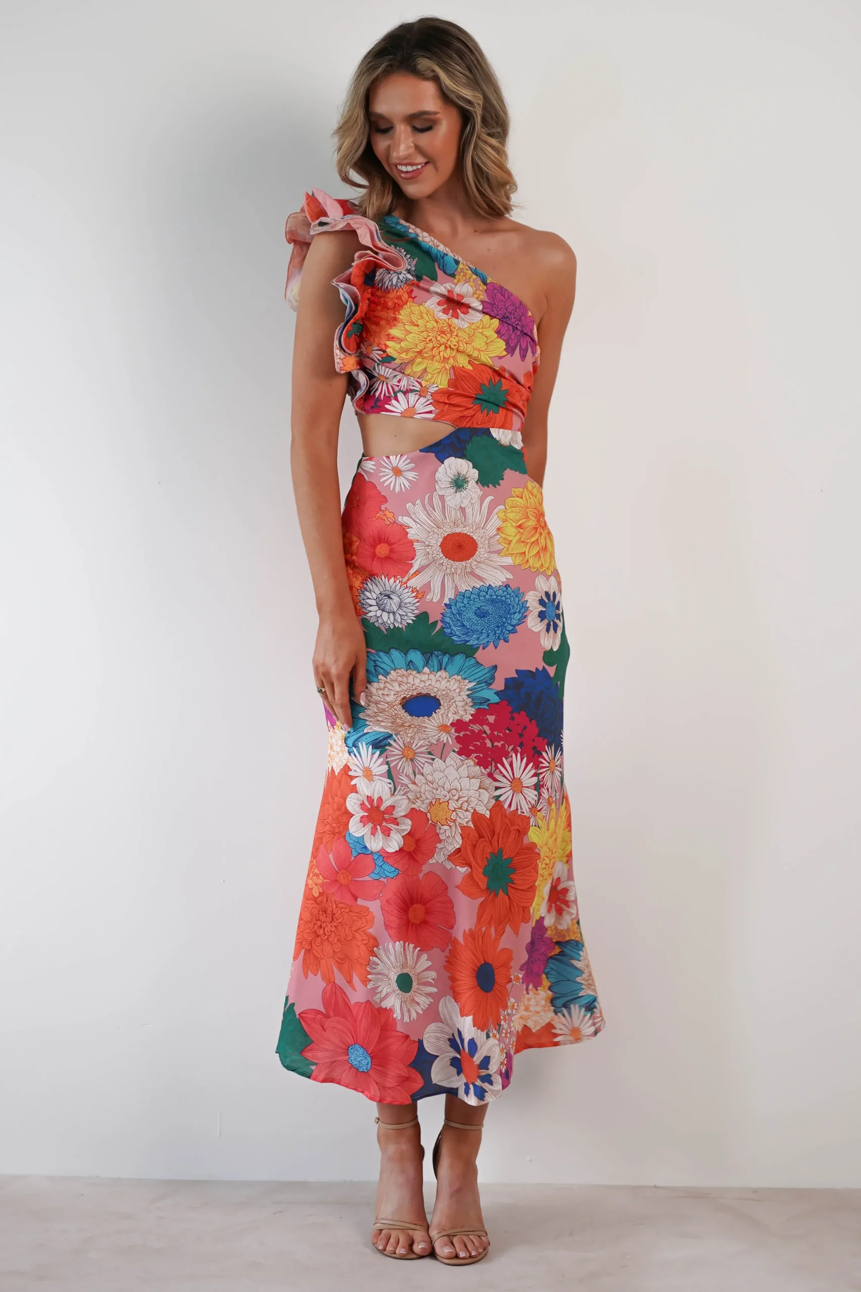 Best Logen Ruffle Sleeve Midaxi | Orange Floral Print Lange Kleider|Maxikleider