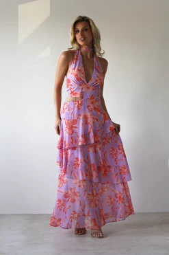 Outlet Lohan Ruffle Floral Maxi Print Dress | Lilac Lange Kleider|Maxikleider