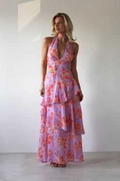 Outlet Lohan Ruffle Floral Maxi Print Dress | Lilac Lange Kleider|Maxikleider