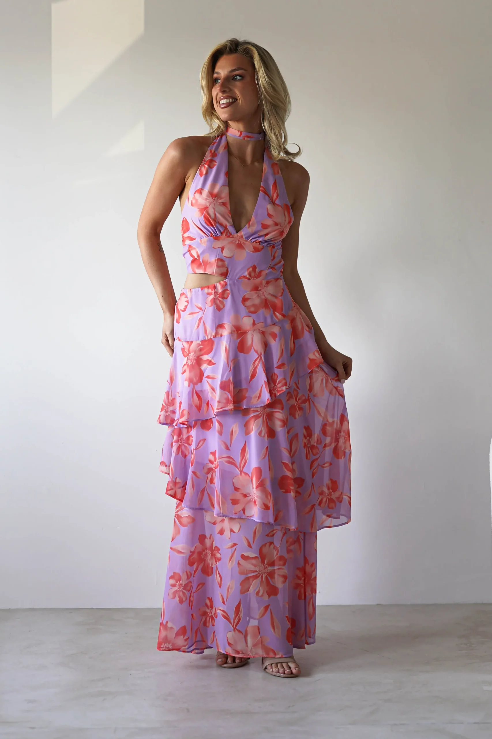 Outlet Lohan Ruffle Floral Maxi Print Dress | Lilac Lange Kleider|Maxikleider