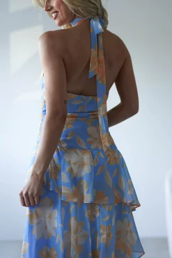 Hot Lohan Ruffle Floral Maxi Print Dress | Blue Lange Kleider|Maxikleider