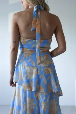 Hot Lohan Ruffle Floral Maxi Print Dress | Blue Lange Kleider|Maxikleider