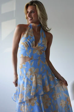 Hot Lohan Ruffle Floral Maxi Print Dress | Blue Lange Kleider|Maxikleider