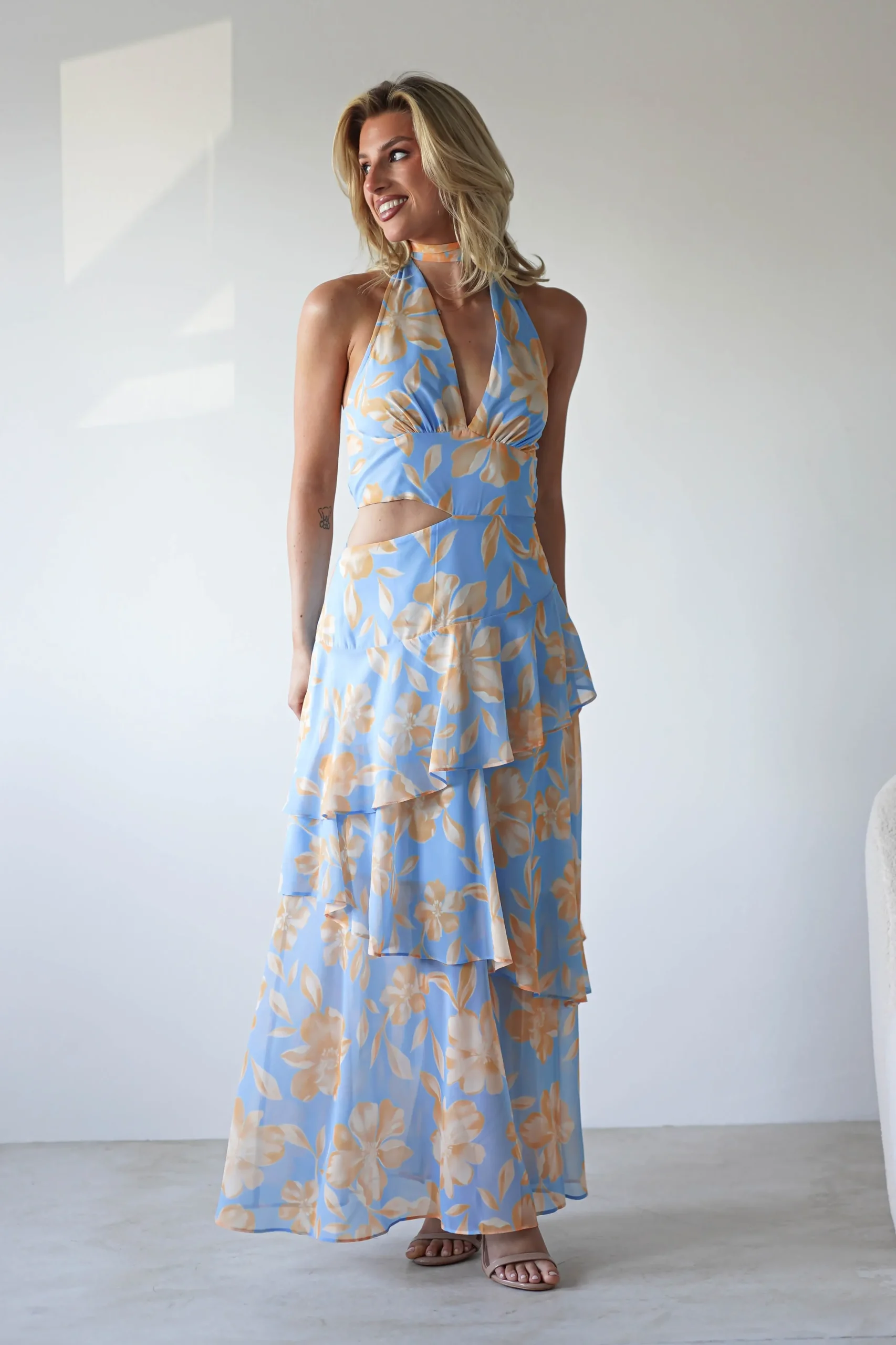 Hot Lohan Ruffle Floral Maxi Print Dress | Blue Lange Kleider|Maxikleider