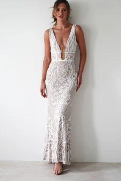 Discount Lorenza Plunge Sequin Gown | Nude/White Lange Kleider|Maxikleider