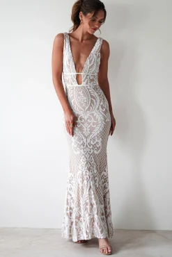 Discount Lorenza Plunge Sequin Gown | Nude/White Lange Kleider|Maxikleider