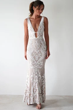 Discount Lorenza Plunge Sequin Gown | Nude/White Lange Kleider|Maxikleider