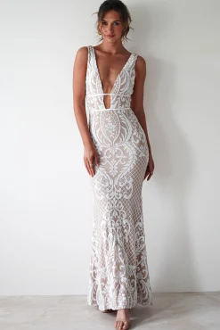 Discount Lorenza Plunge Sequin Gown | Nude/White Lange Kleider|Maxikleider