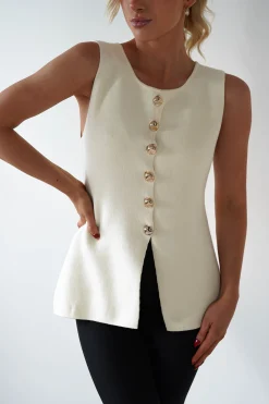 Clearance Louella Gold Button Waistcoat Top | Cream Oberteile|Strickwaren