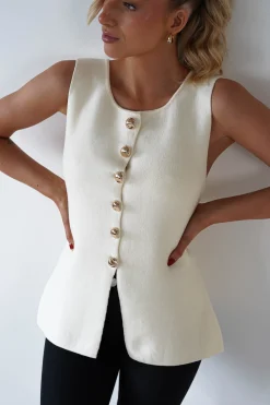 Clearance Louella Gold Button Waistcoat Top | Cream Oberteile|Strickwaren