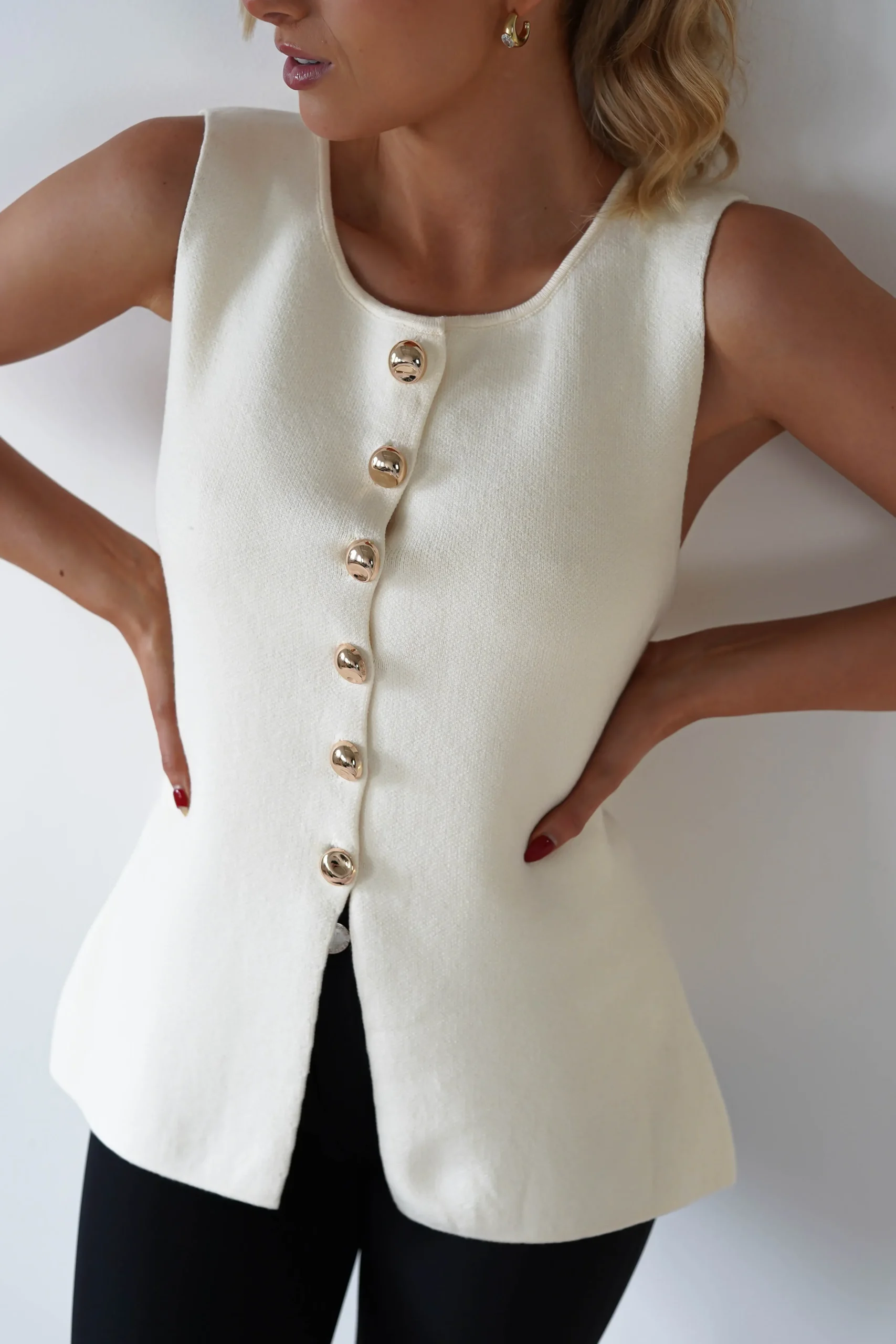 Clearance Louella Gold Button Waistcoat Top | Cream Oberteile|Strickwaren