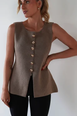 Hot Louella Gold Button Waistcoat Top | Brown Oberteile|Strickwaren