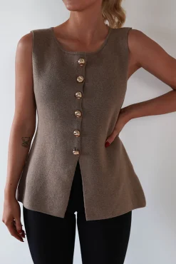 Hot Louella Gold Button Waistcoat Top | Brown Oberteile|Strickwaren