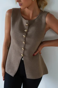 Hot Louella Gold Button Waistcoat Top | Brown Oberteile|Strickwaren