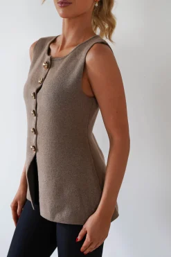 Hot Louella Gold Button Waistcoat Top | Brown Oberteile|Strickwaren