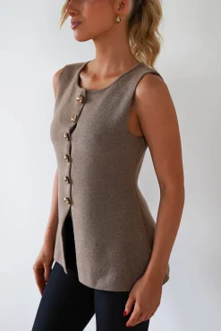 Hot Louella Gold Button Waistcoat Top | Brown Oberteile|Strickwaren