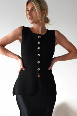 Hot Louella Gold Button Waistcoat Top | Black Oberteile|Strickwaren