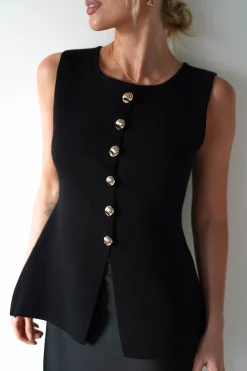 Hot Louella Gold Button Waistcoat Top | Black Oberteile|Strickwaren