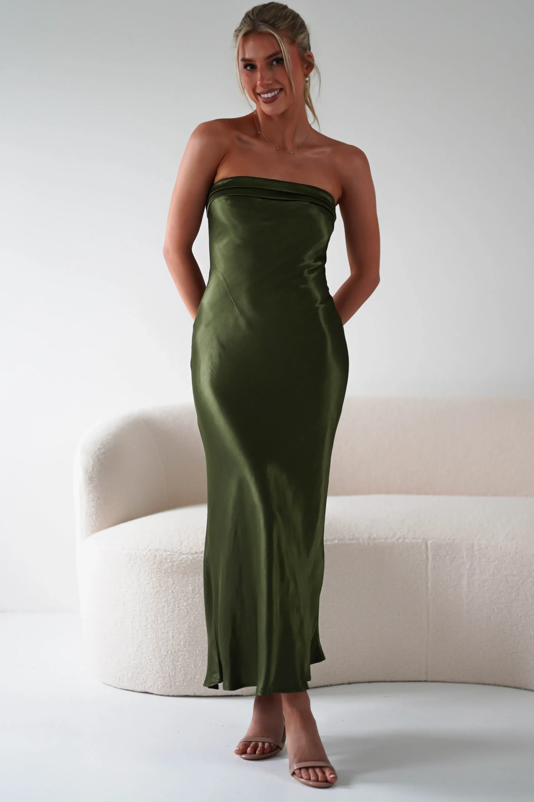Outlet Lucia Soft Satin Slip Midi Dress | Olive Mittellange Kleider|Midi-kleider