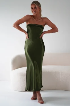 Outlet Lucia Soft Satin Slip Midi Dress | Olive Mittellange Kleider|Midi-kleider