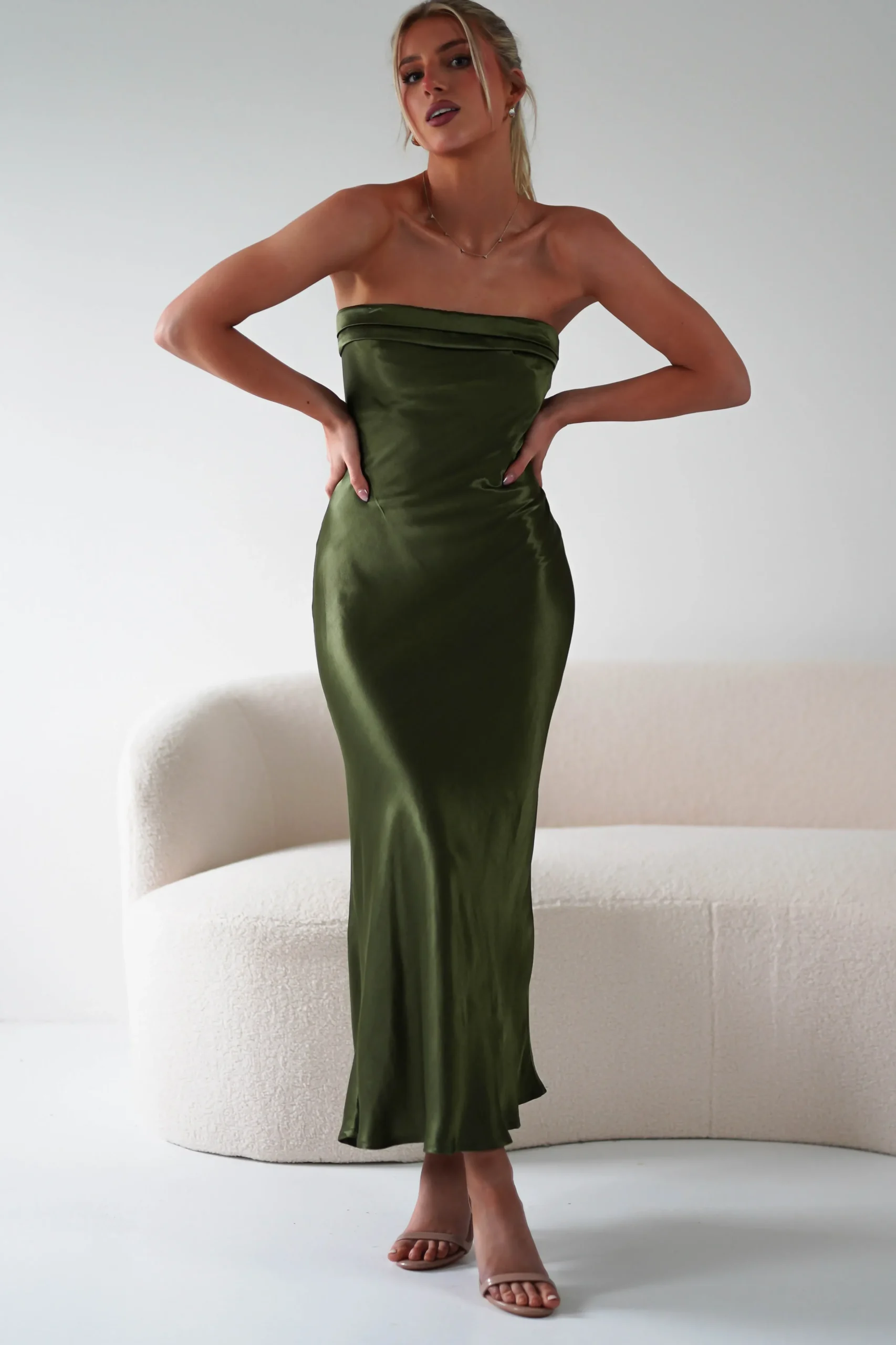 Outlet Lucia Soft Satin Slip Midi Dress | Olive Mittellange Kleider|Midi-kleider